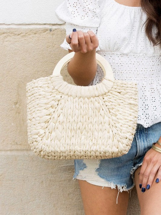 Beach Vibes Woven Tote with Natural Wood Handle-Women's Accessories-Shop Z & Joxa
