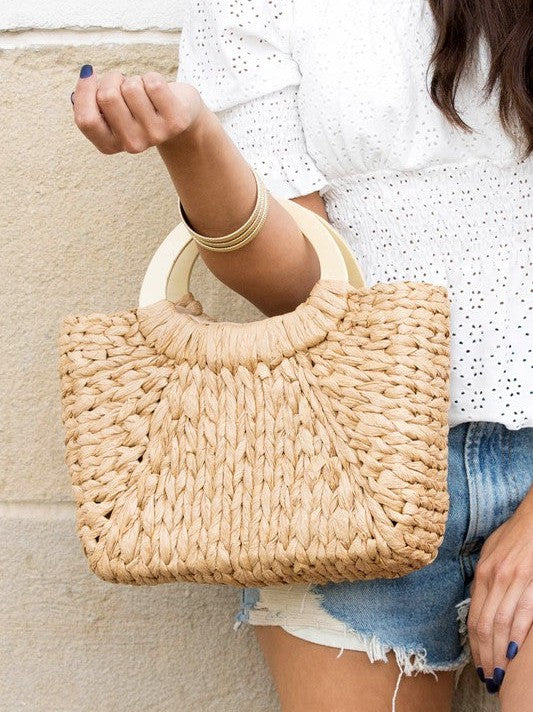 Beach Vibes Woven Tote with Natural Wood Handle-Women's Accessories-Shop Z & Joxa