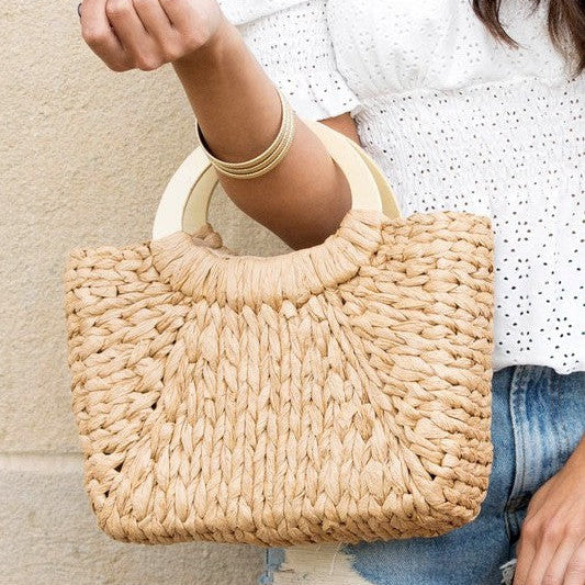 Beach Vibes Woven Tote with Natural Wood Handle-Women's Accessories-Shop Z & Joxa