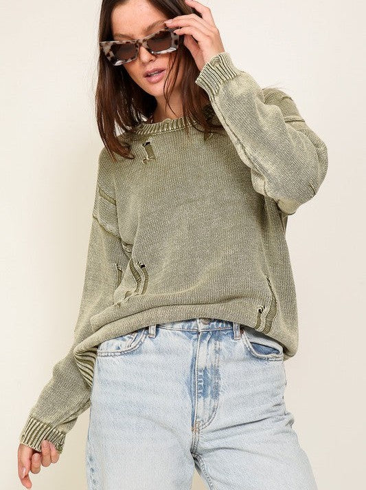 Bewitched Mineral Wash Distressed Sweater-Women's Clothing-Shop Z & Joxa