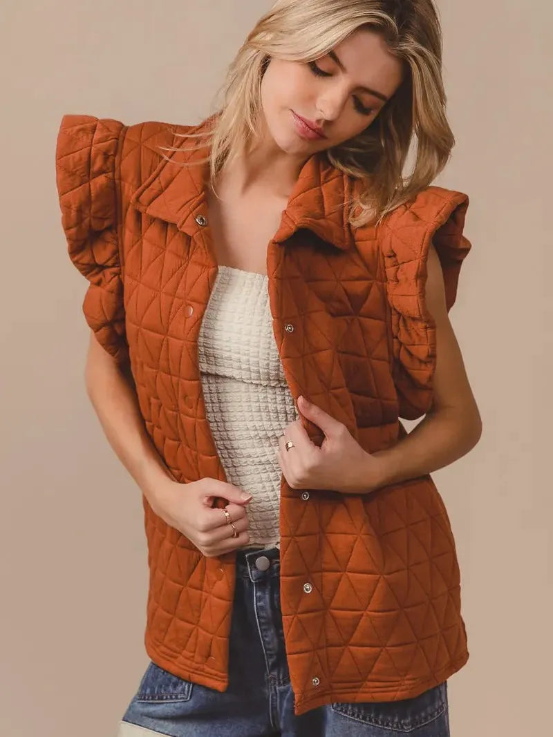 BiBi Amber Aura Quilted Ruffle Sleeveless Vest-Women's Outerwear-Shop Z & Joxa