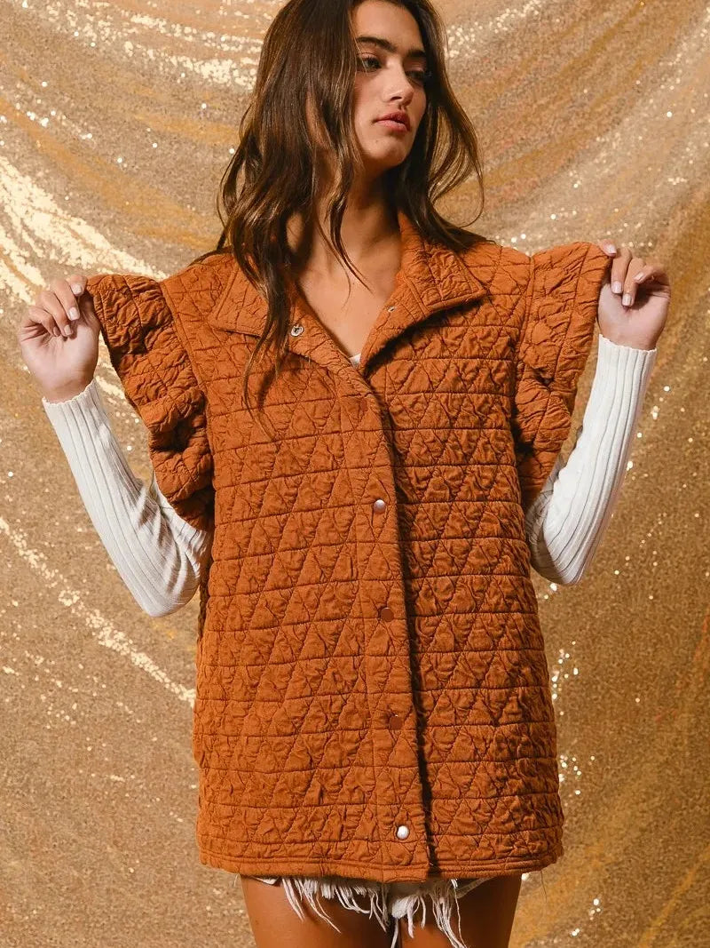 BiBi Amber Aura Quilted Ruffle Sleeveless Vest-Women's Outerwear-Shop Z & Joxa