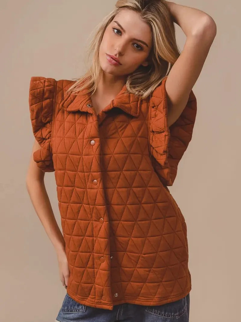 BiBi Amber Aura Quilted Ruffle Sleeveless Vest-Women's Outerwear-Shop Z & Joxa