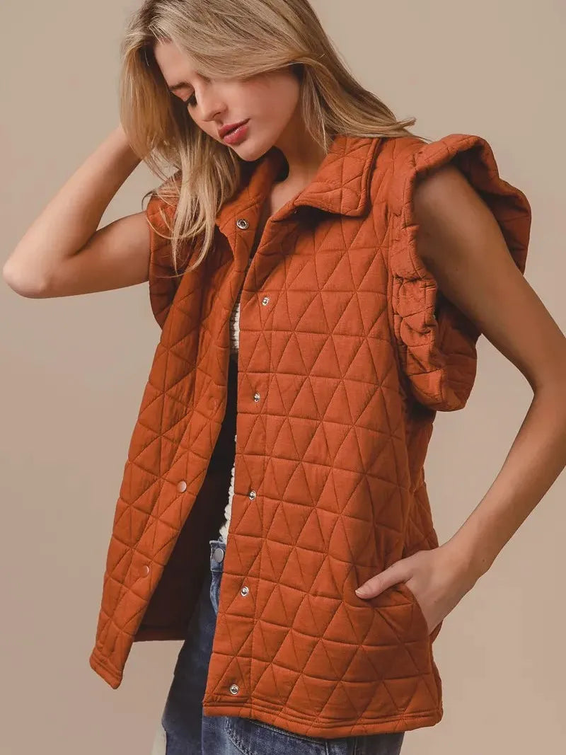 BiBi Amber Aura Quilted Ruffle Sleeveless Vest-Women's Outerwear-Shop Z & Joxa
