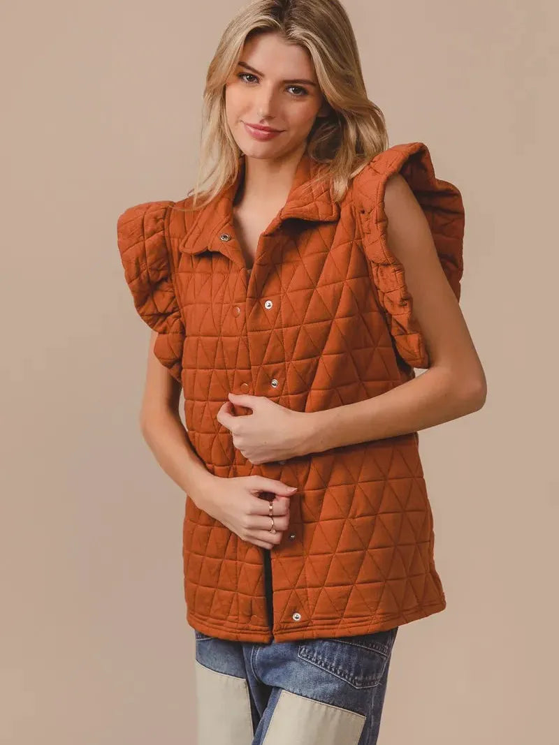 BiBi Amber Aura Quilted Ruffle Sleeveless Vest-Women's Outerwear-Shop Z & Joxa