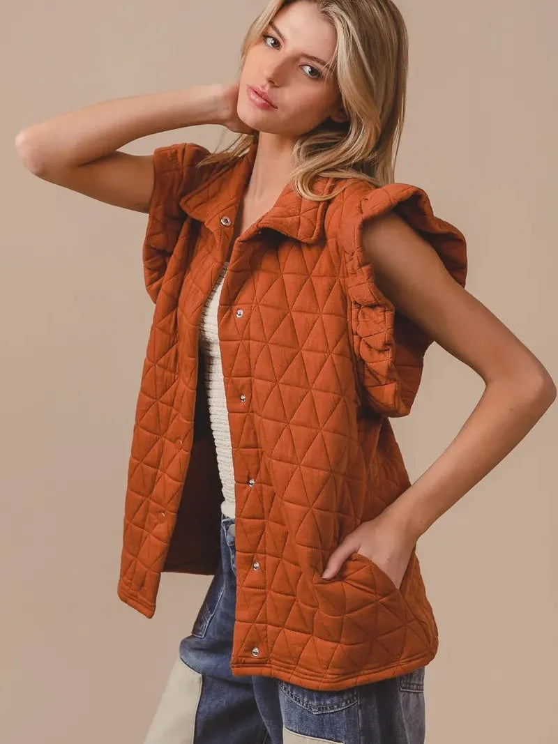 BiBi Amber Aura Quilted Ruffle Sleeveless Vest-Women's Outerwear-Shop Z & Joxa