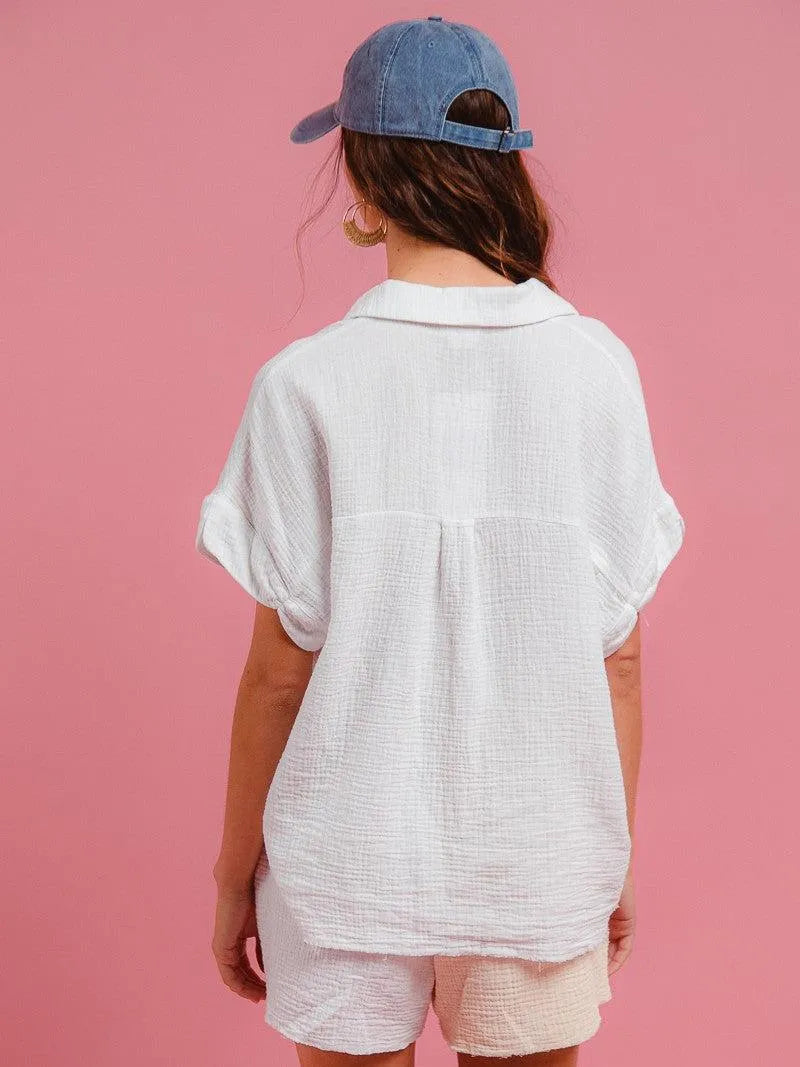 BiBi Barefoot Breeze Wrinkled Gauze Shirt & Shorts Lounge Set-Women's Sets-Shop Z & Joxa