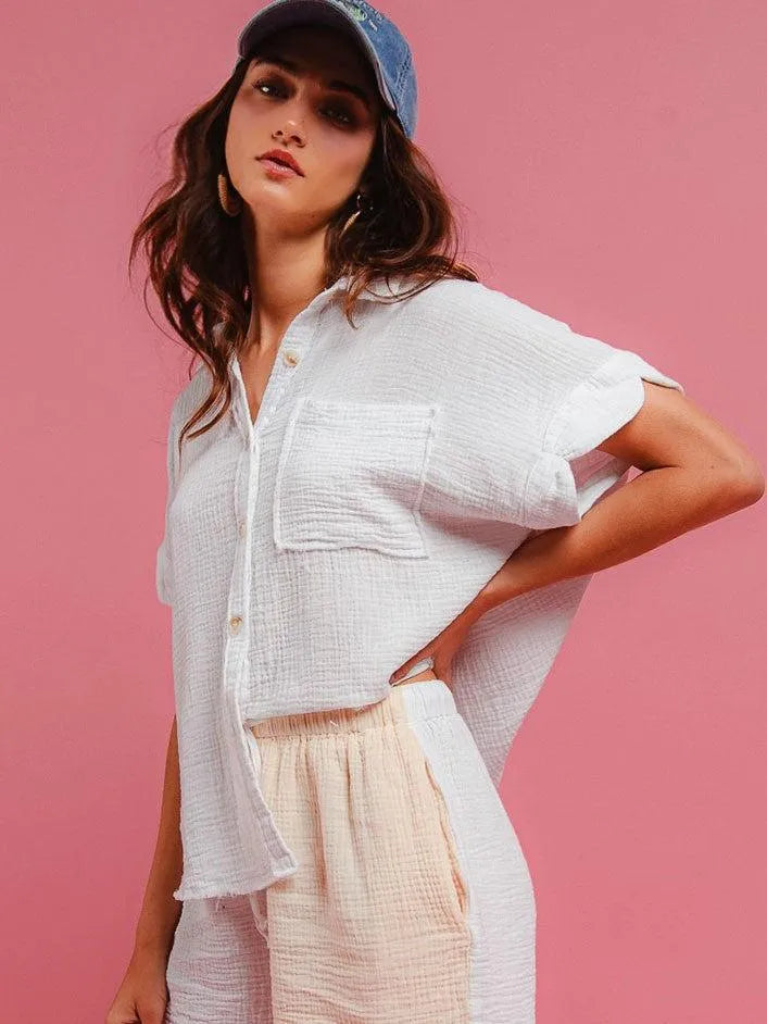 BiBi Barefoot Breeze Wrinkled Gauze Shirt & Shorts Lounge Set-Women's Sets-Shop Z & Joxa