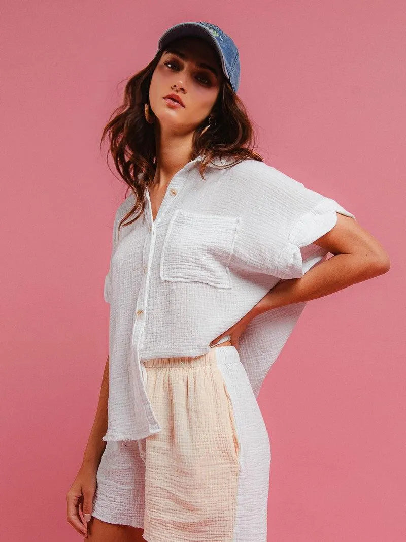 BiBi Barefoot Breeze Wrinkled Gauze Shirt & Shorts Lounge Set-Women's Sets-Shop Z & Joxa