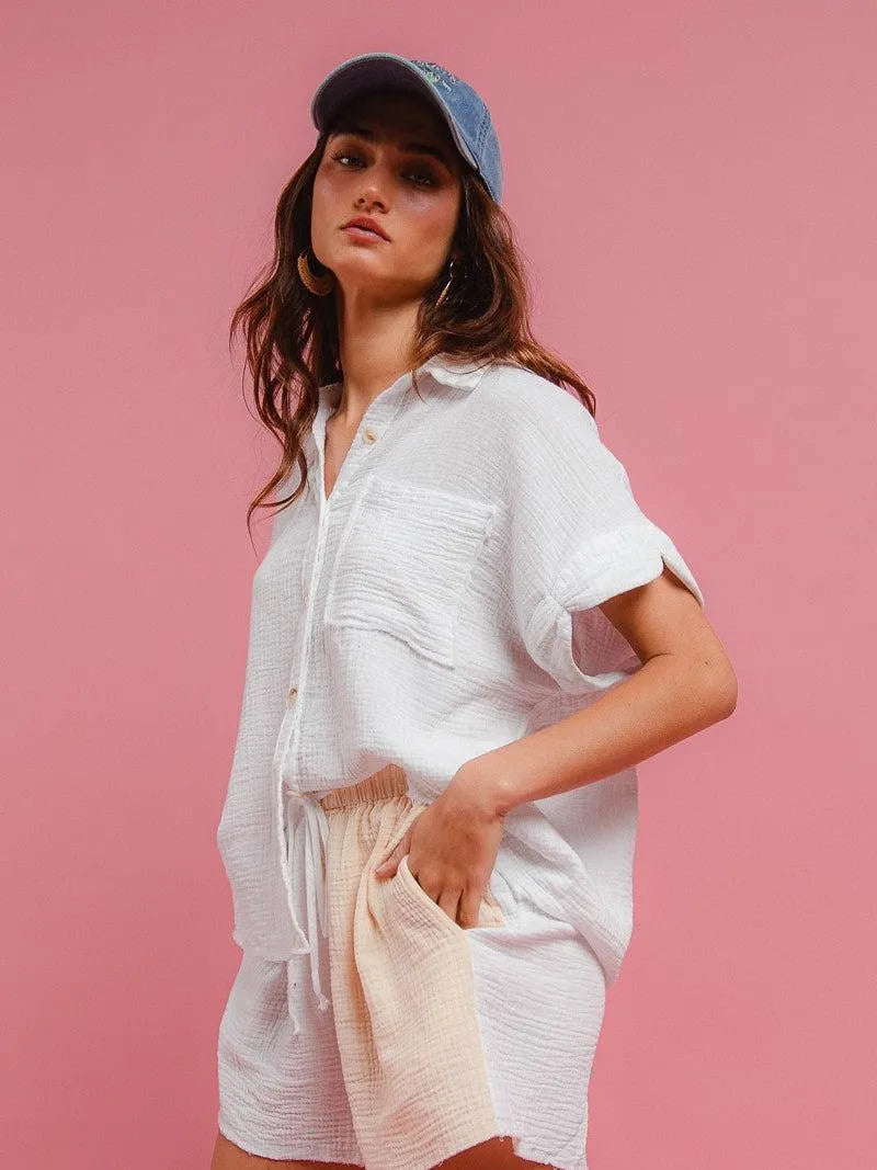 BiBi Barefoot Breeze Wrinkled Gauze Shirt & Shorts Lounge Set-Women's Sets-Shop Z & Joxa