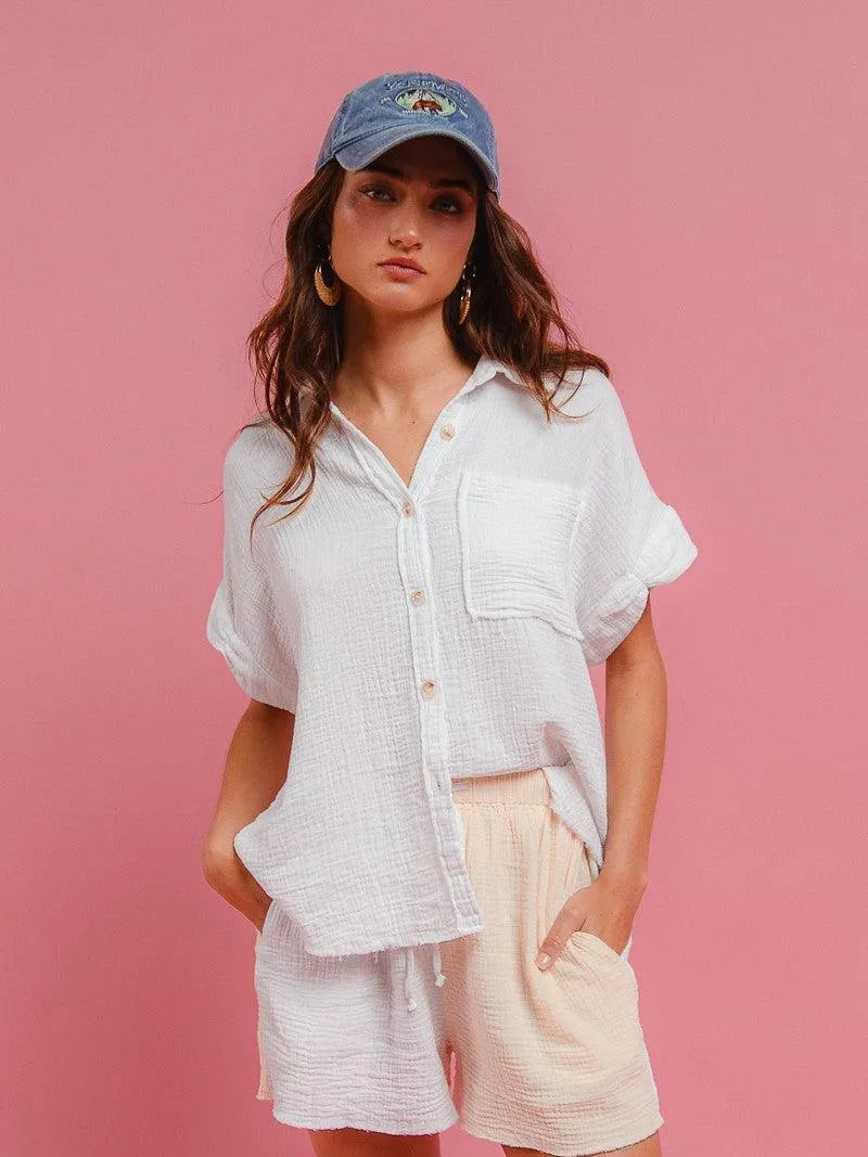 BiBi Barefoot Breeze Wrinkled Gauze Shirt & Shorts Lounge Set-Women's Sets-Shop Z & Joxa