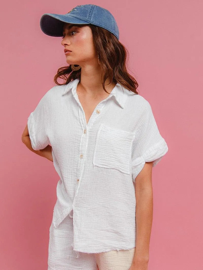 BiBi Barefoot Breeze Wrinkled Gauze Shirt & Shorts Lounge Set-Women's Sets-Shop Z & Joxa