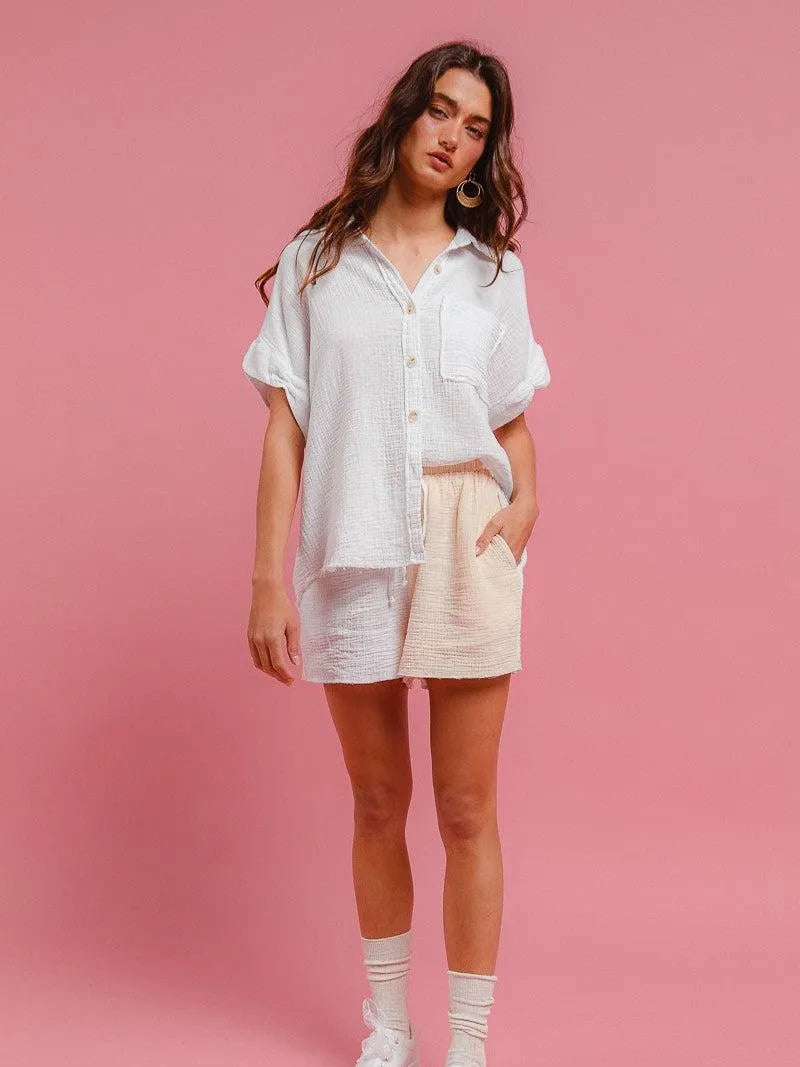 BiBi Barefoot Breeze Wrinkled Gauze Shirt & Shorts Lounge Set-Women's Sets-Shop Z & Joxa