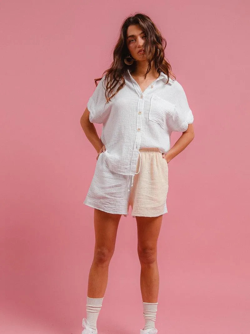 BiBi Barefoot Breeze Wrinkled Gauze Shirt & Shorts Lounge Set-Women's Sets-Shop Z & Joxa