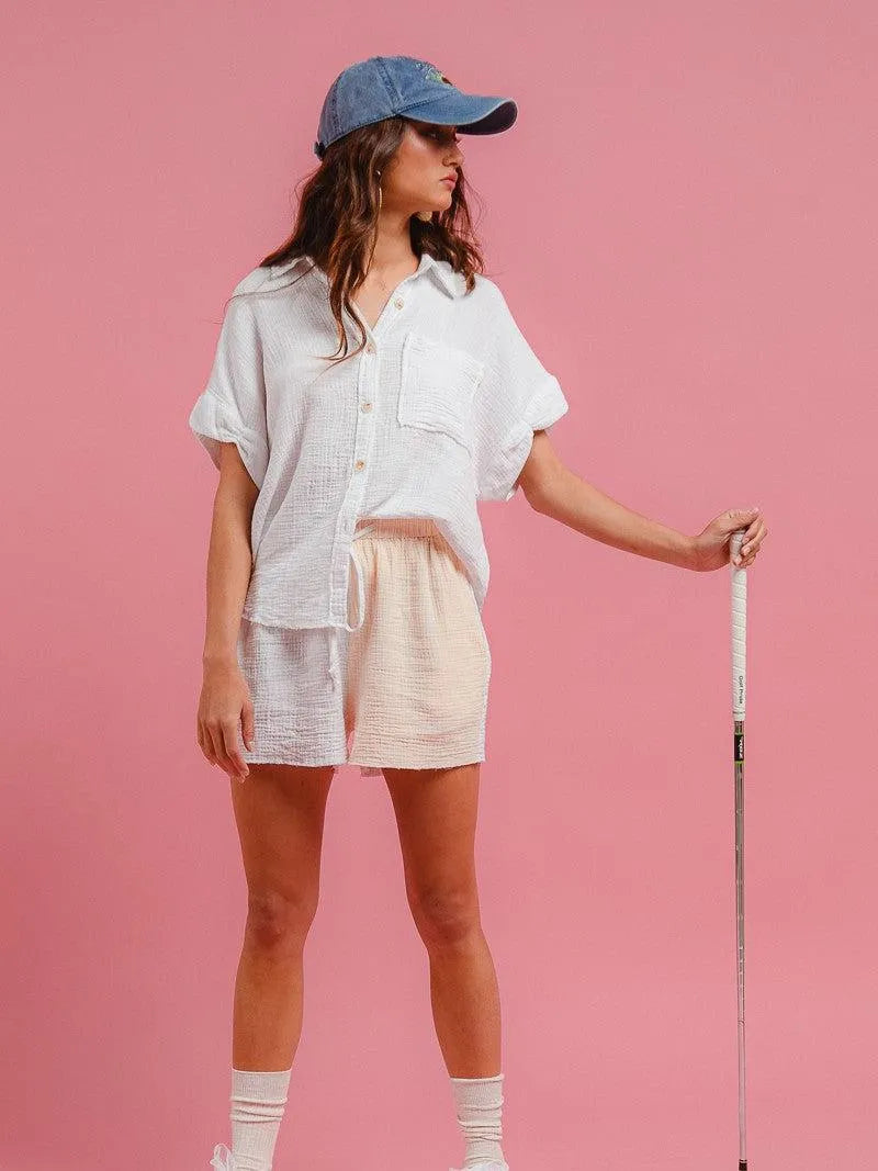 BiBi Barefoot Breeze Wrinkled Gauze Shirt & Shorts Lounge Set-Women's Sets-Shop Z & Joxa