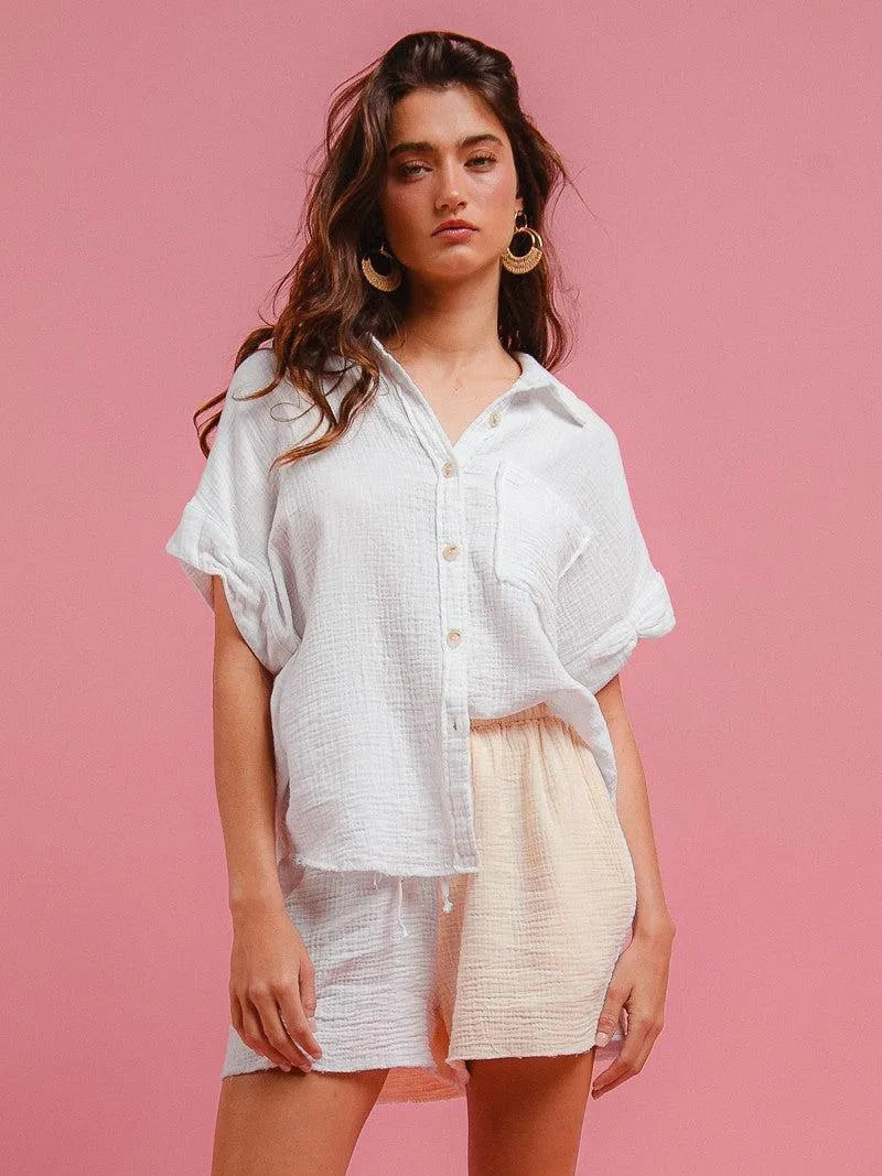 BiBi Barefoot Breeze Wrinkled Gauze Shirt & Shorts Lounge Set-Women's Sets-Shop Z & Joxa