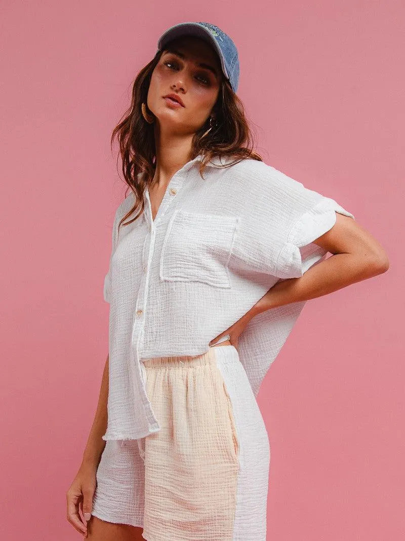 BiBi Barefoot Breeze Wrinkled Gauze Shirt & Shorts Lounge Set-Women's Sets-Shop Z & Joxa