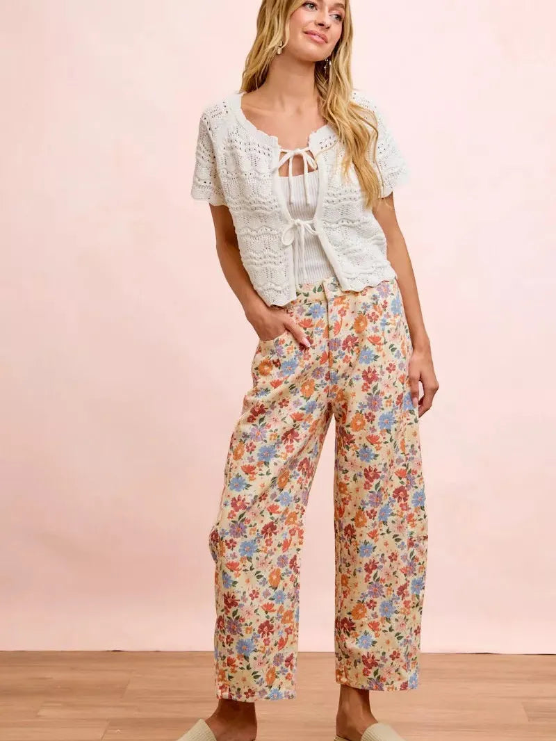 BiBi Barrel of Blooms Washed Floral Twill Barrel Pants-Women's Pants-Shop Z & Joxa