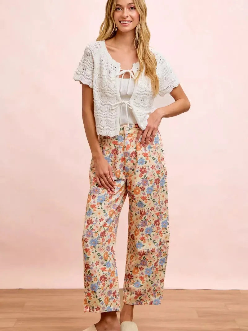 BiBi Barrel of Blooms Washed Floral Twill Barrel Pants-Women's Pants-Shop Z & Joxa