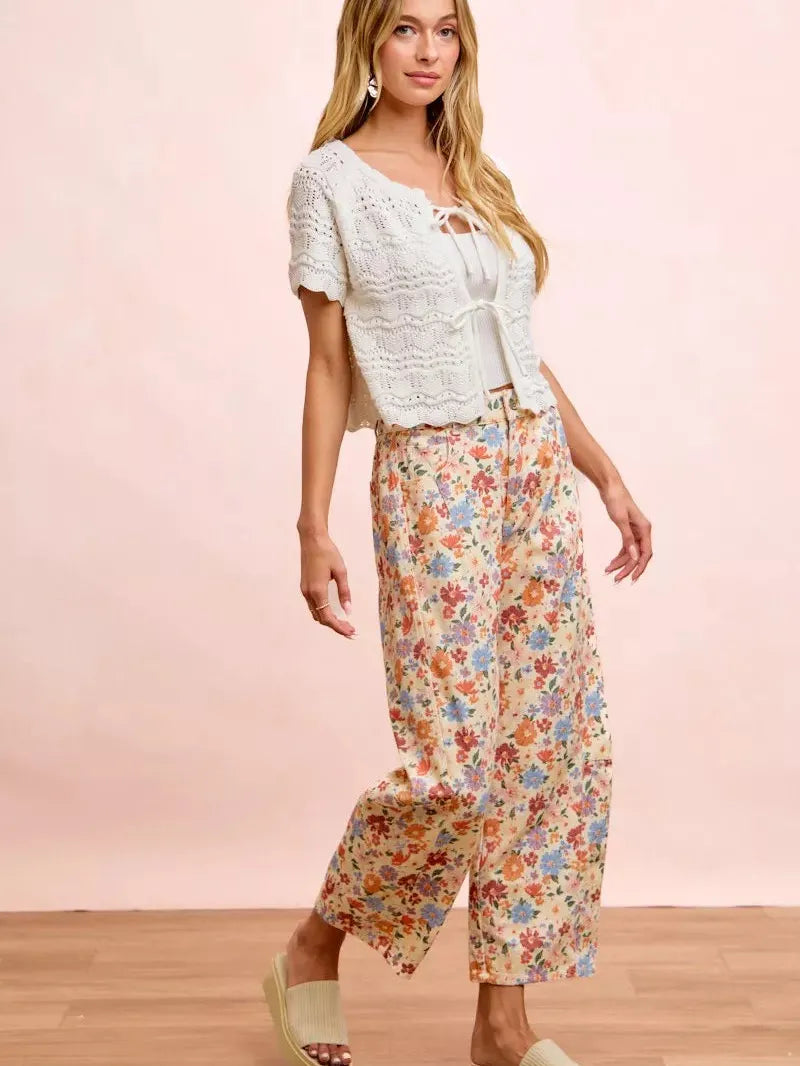 BiBi Barrel of Blooms Washed Floral Twill Barrel Pants-Women's Pants-Shop Z & Joxa