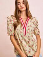 BiBi Bloom & Trim Gathered Sleeves Floral Blouse with Red Trim-Women's Shirts & Tops-Shop Z & Joxa