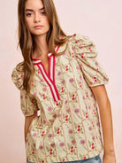 BiBi Bloom & Trim Gathered Sleeves Floral Blouse with Red Trim-Women's Shirts & Tops-Shop Z & Joxa