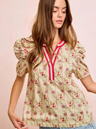 BiBi Bloom & Trim Gathered Sleeves Floral Blouse with Red Trim-Women's Shirts & Tops-Shop Z & Joxa