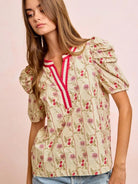 BiBi Bloom & Trim Gathered Sleeves Floral Blouse with Red Trim-Women's Shirts & Tops-Shop Z & Joxa