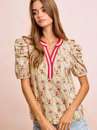 BiBi Bloom & Trim Gathered Sleeves Floral Blouse with Red Trim-Women's Shirts & Tops-Shop Z & Joxa