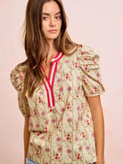 BiBi Bloom & Trim Gathered Sleeves Floral Blouse with Red Trim-Women's Shirts & Tops-Shop Z & Joxa