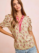 BiBi Bloom & Trim Gathered Sleeves Floral Blouse with Red Trim-Women's Shirts & Tops-Shop Z & Joxa