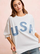 BiBi Blue Patchwork French Terry Short Sleeve Sweatshirt-Women's Shirts & Tops-Shop Z & Joxa