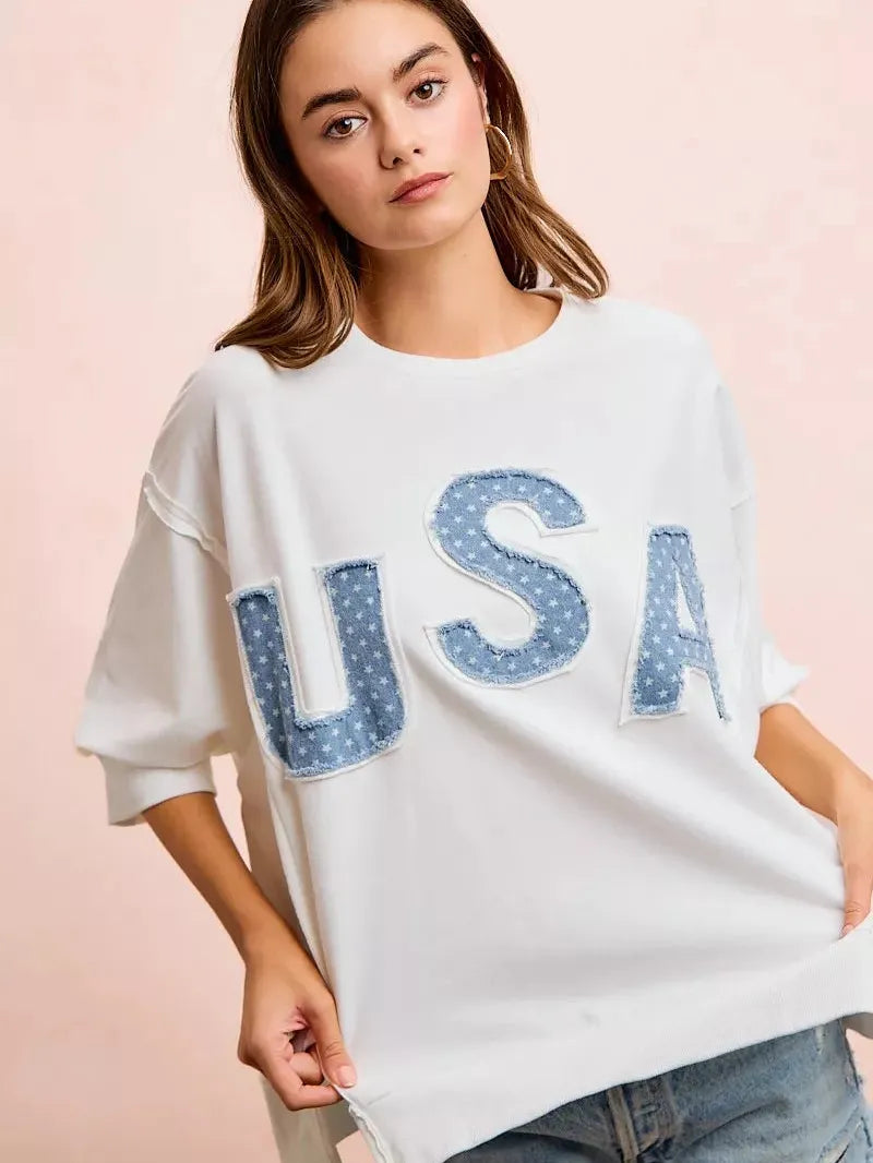 BiBi Blue Patchwork French Terry Short Sleeve Sweatshirt-Women's Shirts & Tops-Shop Z & Joxa