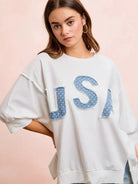 BiBi Blue Patchwork French Terry Short Sleeve Sweatshirt-Women's Shirts & Tops-Shop Z & Joxa