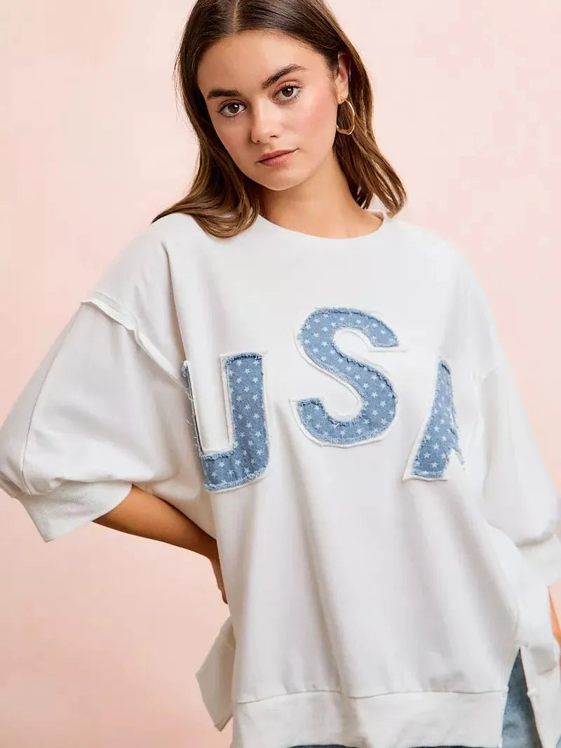 BiBi Blue Patchwork French Terry Short Sleeve Sweatshirt-Women's Shirts & Tops-Shop Z & Joxa