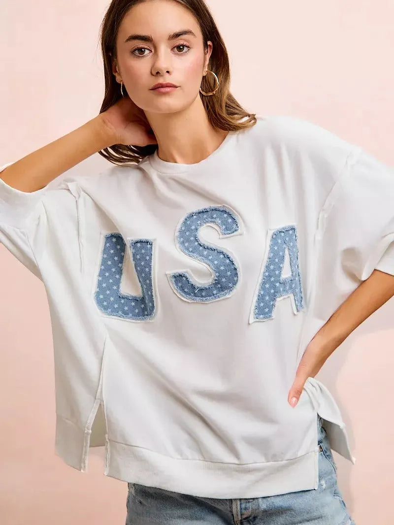 BiBi Blue Patchwork French Terry Short Sleeve Sweatshirt-Women's Shirts & Tops-Shop Z & Joxa