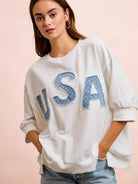 BiBi Blue Patchwork French Terry Short Sleeve Sweatshirt-Women's Shirts & Tops-Shop Z & Joxa