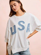 BiBi Blue Patchwork French Terry Short Sleeve Sweatshirt-Women's Shirts & Tops-Shop Z & Joxa