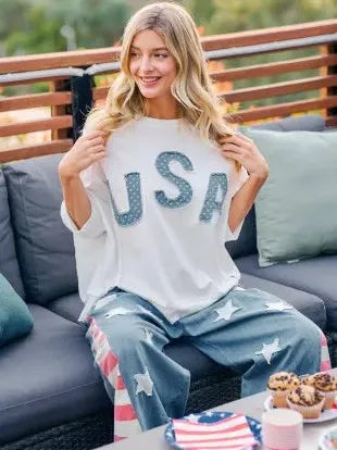 BiBi Blue Patchwork French Terry Short Sleeve Sweatshirt-Women's Shirts & Tops-Shop Z & Joxa