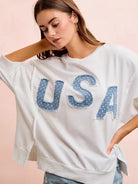 BiBi Blue Patchwork French Terry Short Sleeve Sweatshirt-Women's Shirts & Tops-Shop Z & Joxa