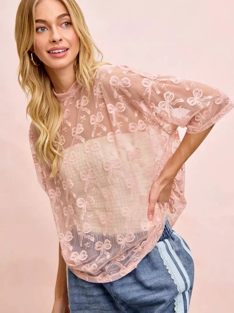 BiBi Blush Bow Short Sleeve Bow Print Boxy Mesh Top-Women's Shirts & Tops-Shop Z & Joxa