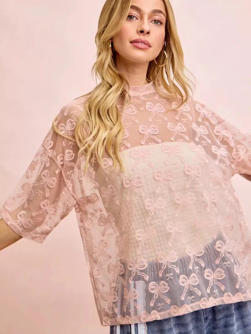 BiBi Blush Bow Short Sleeve Bow Print Boxy Mesh Top-Women's Shirts & Tops-Shop Z & Joxa