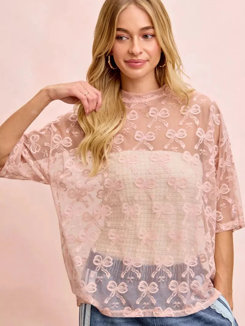 BiBi Blush Bow Short Sleeve Bow Print Boxy Mesh Top-Women's Shirts & Tops-Shop Z & Joxa