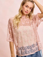 BiBi Blush Bow Short Sleeve Bow Print Boxy Mesh Top-Women's Shirts & Tops-Shop Z & Joxa