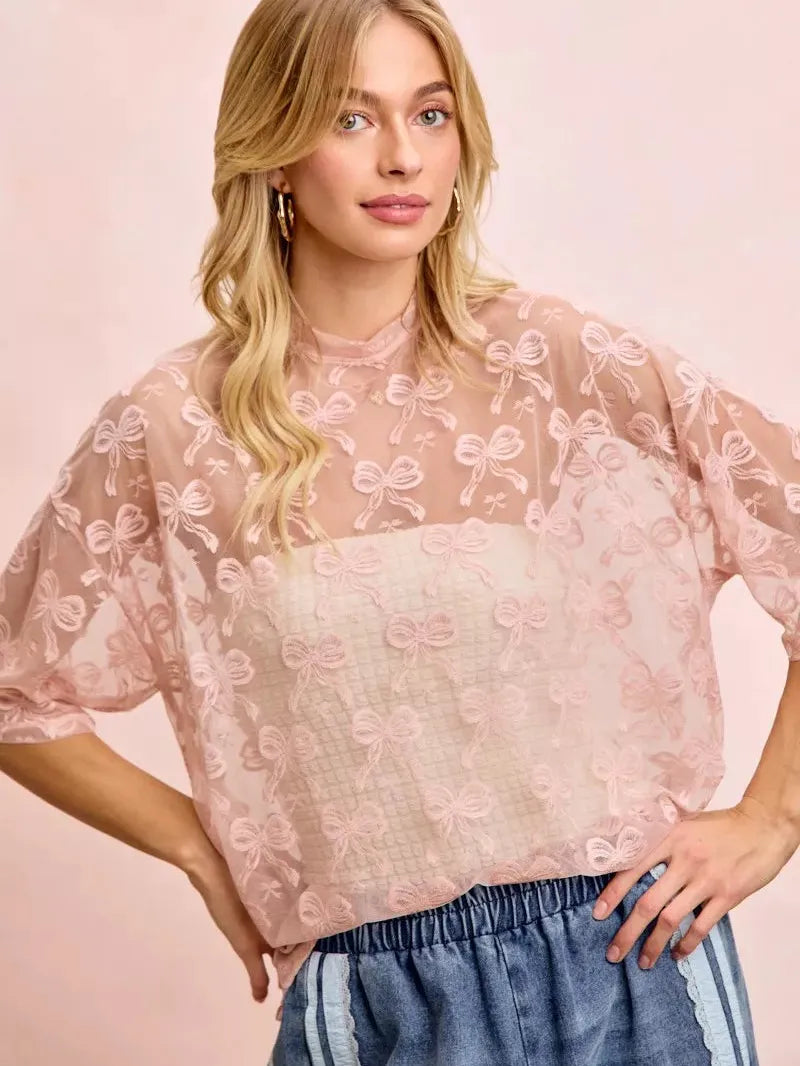 BiBi Blush Bow Short Sleeve Bow Print Boxy Mesh Top-Women's Shirts & Tops-Shop Z & Joxa