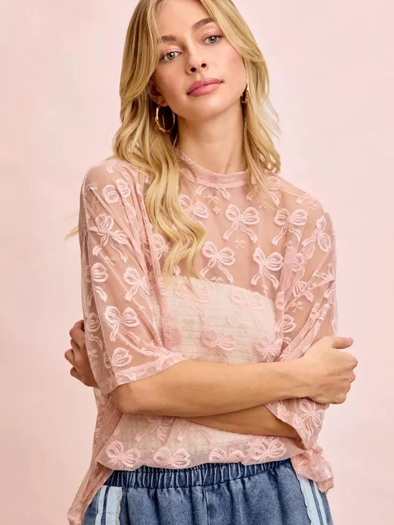 BiBi Blush Bow Short Sleeve Bow Print Boxy Mesh Top-Women's Shirts & Tops-Shop Z & Joxa