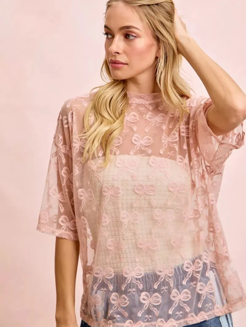 BiBi Blush Bow Short Sleeve Bow Print Boxy Mesh Top-Women's Shirts & Tops-Shop Z & Joxa