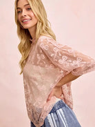 BiBi Blush Bow Short Sleeve Bow Print Boxy Mesh Top-Women's Shirts & Tops-Shop Z & Joxa