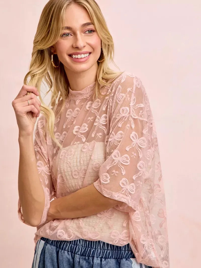 BiBi Blush Bow Short Sleeve Bow Print Boxy Mesh Top-Women's Shirts & Tops-Shop Z & Joxa