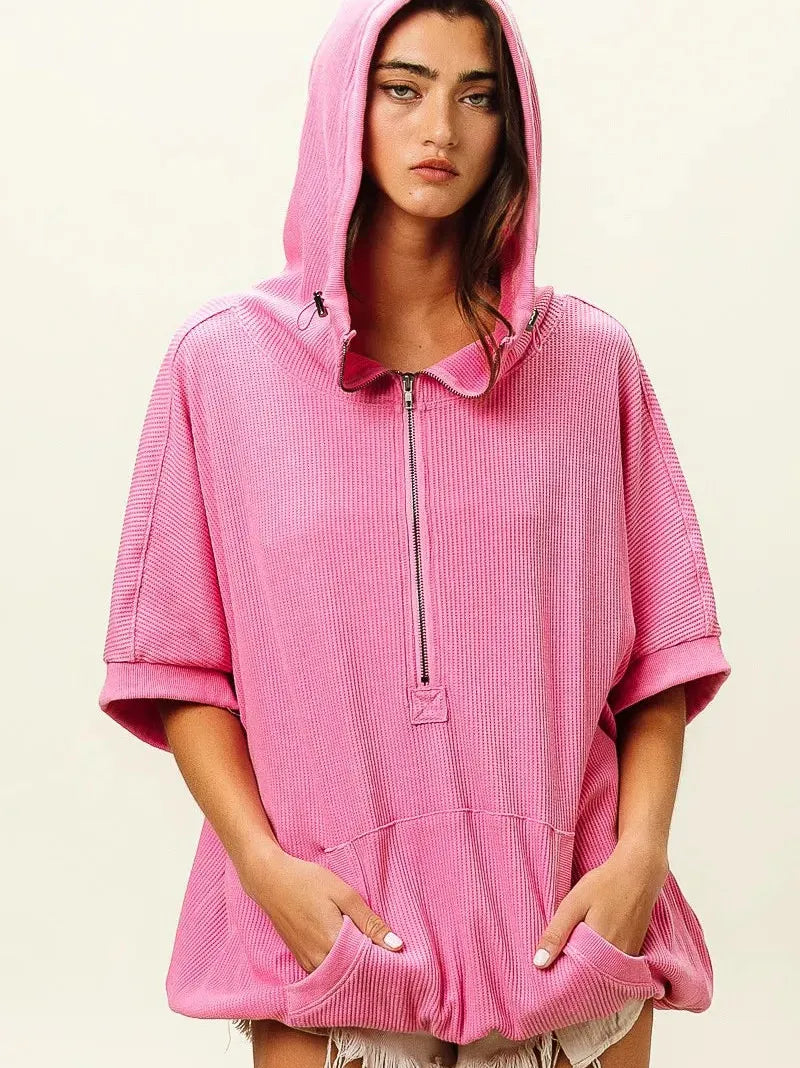 BiBi Blush & Chill Waffle Vintage Washed Waffle Thermal Hoodie-Women's Shirts & Tops-Shop Z & Joxa